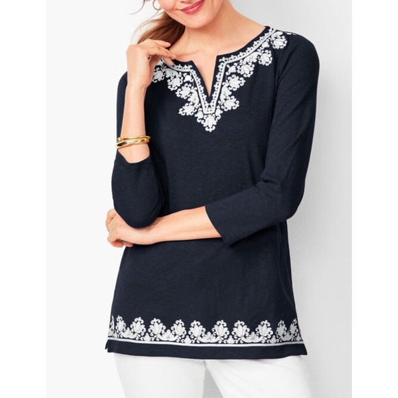 TALBOTS - WOMEN'S BLUE & WHITE 3/4 SLEEVE EMBROIDERED KNIT T-SHIRT TOP - Size S - Picture 2 of 12